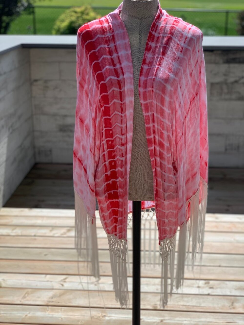 Vintage Y2K Tassel Fringe Shawl Wrap Red White Tie Dye Open Poncho Boho Cover Up